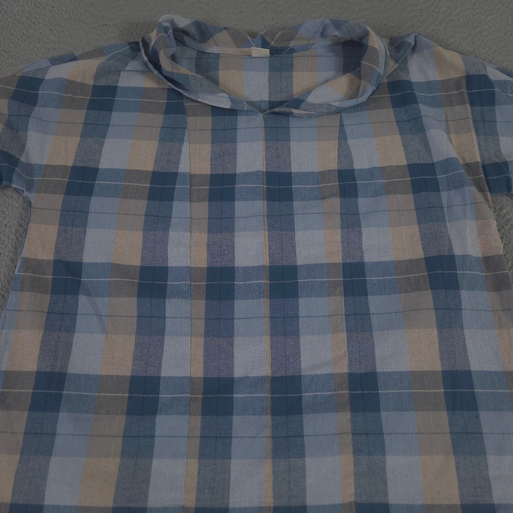 Lintico Top Womens XL Blue Plaid Linen Cotton Short Sleeve Button Cuff Blouse